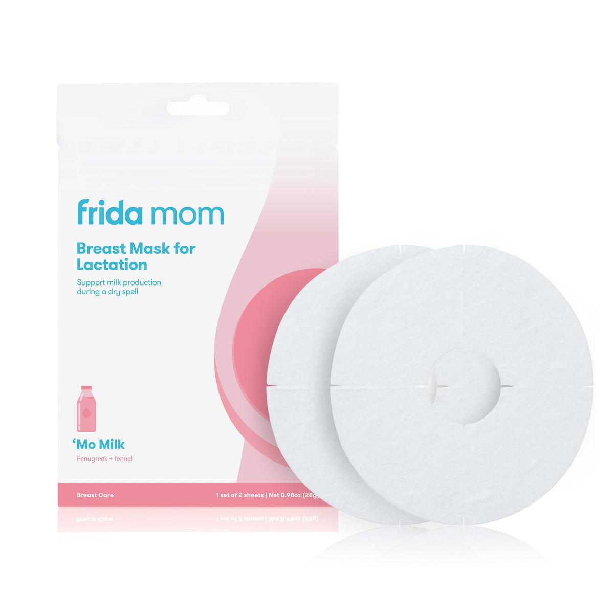 Frida Mom front packaging showing two lactation sheet masks and benefits