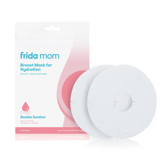 Frida Mom front packaging showing two breast sheet masks and benefits