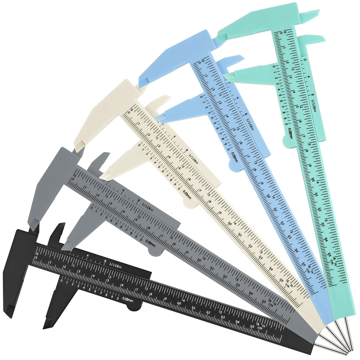 Frienda front view pack showing five compact caliper rulers and color variety for convenience