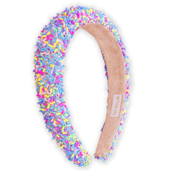 FROG SAC front view aqua blue headband showing colorful sprinkles and puffy shape for playful style