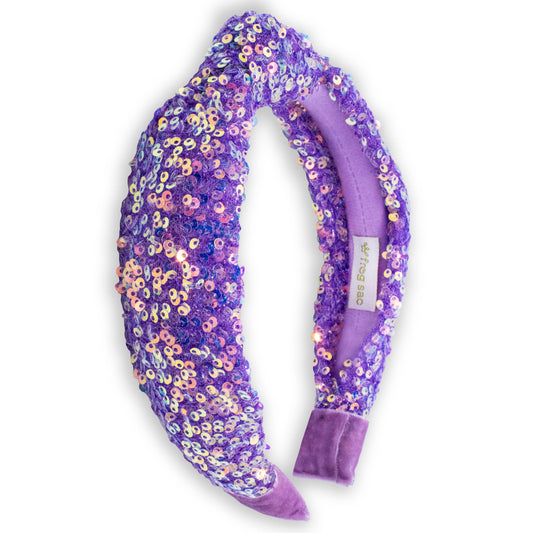 FROG SAC front view of purple sequin knot headband showing sparkle and style