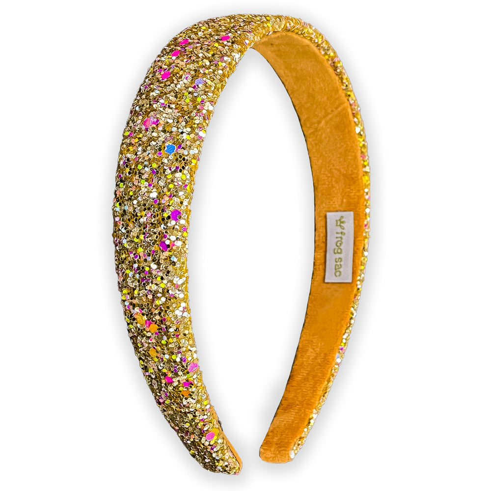 FROG SAC gold headband front view showing bright sparkle and secure fit