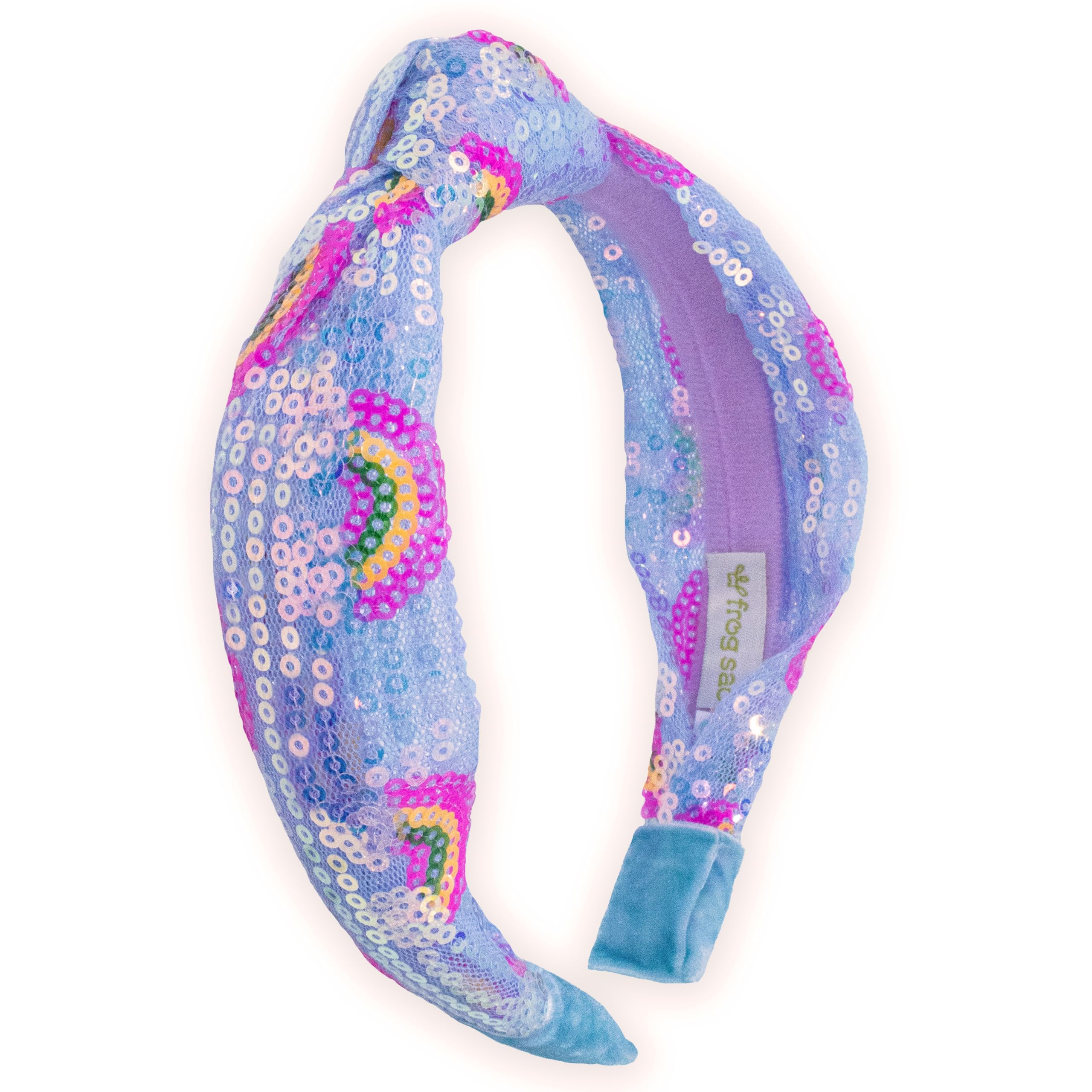 FROG SAC front view knot headband showing rainbow-blue sequins and shape for sparkle