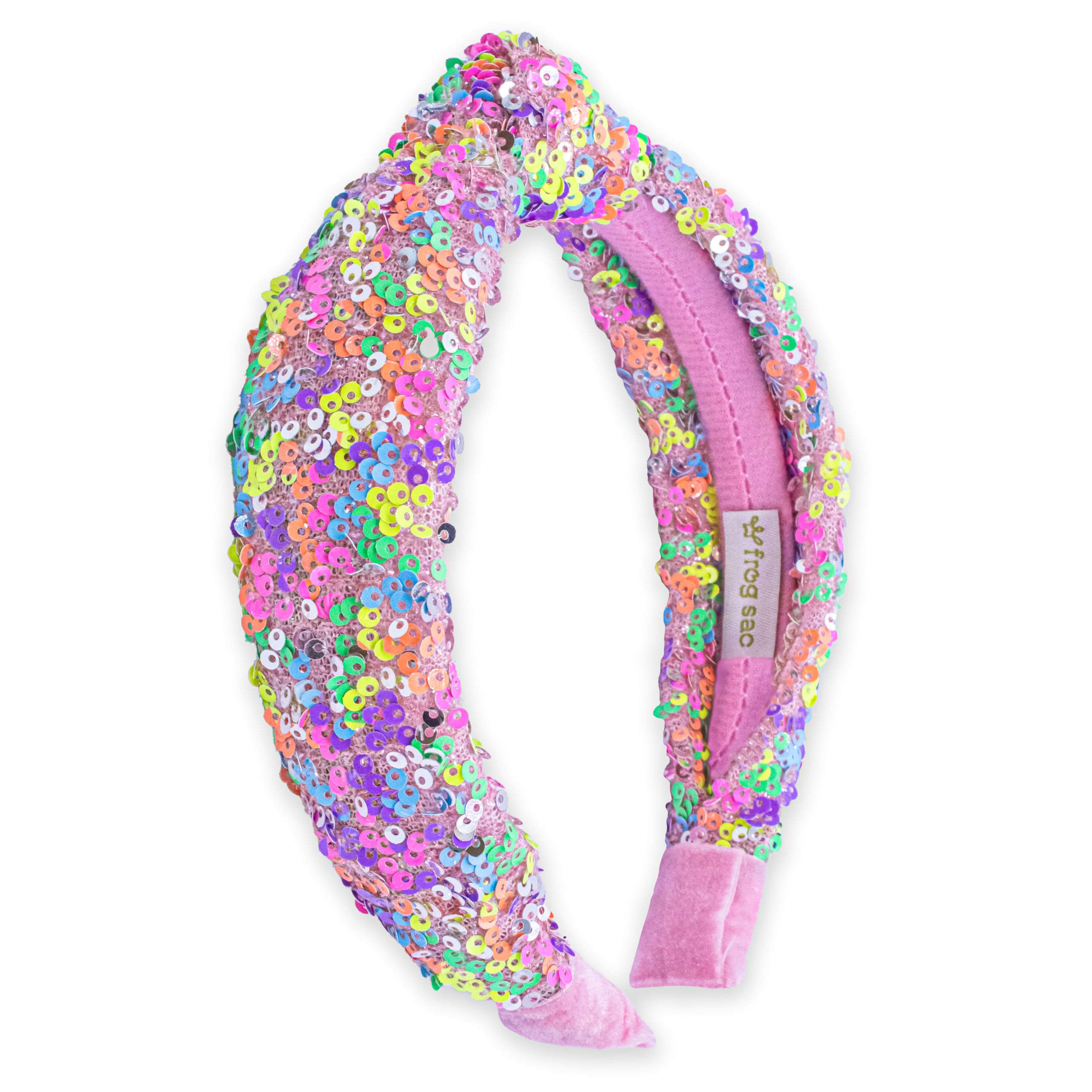 FROG SAC rainbow headband front view showing bright sequins and knot, stylish accessory