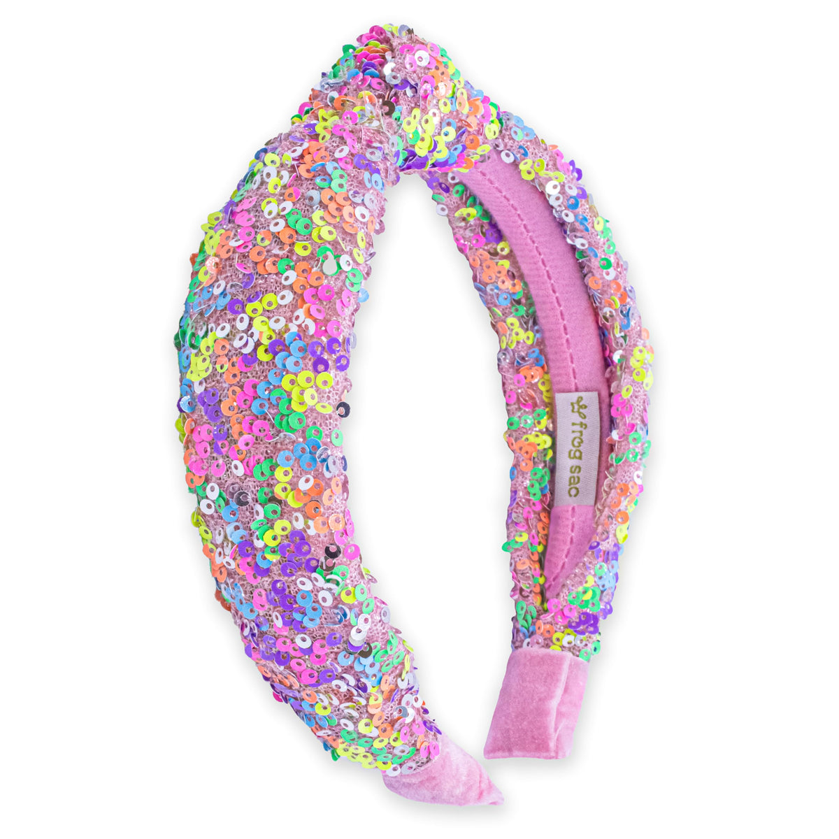FROG SAC rainbow headband front view showing bright sequins and knot, stylish accessory