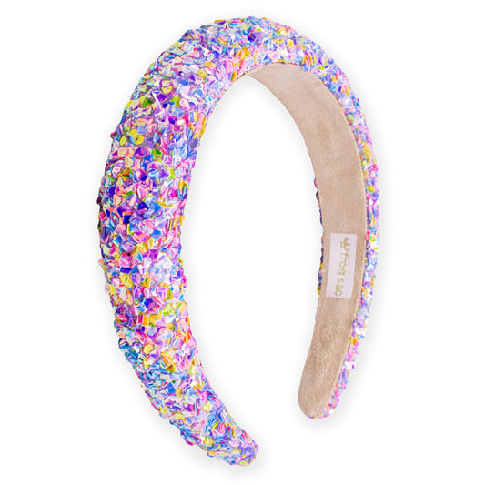 FROG SAC sequin headband front view showing rainbow sparkle and shape, enhances outfits