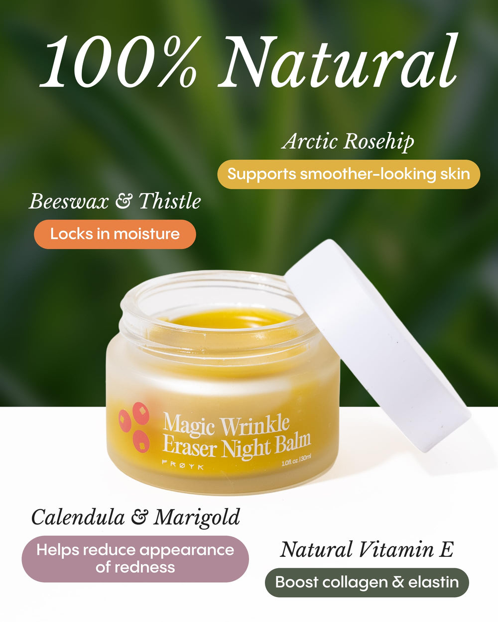 FRØYA arctic rosehip ingredient visual highlighting nourishing oil for elasticity support
