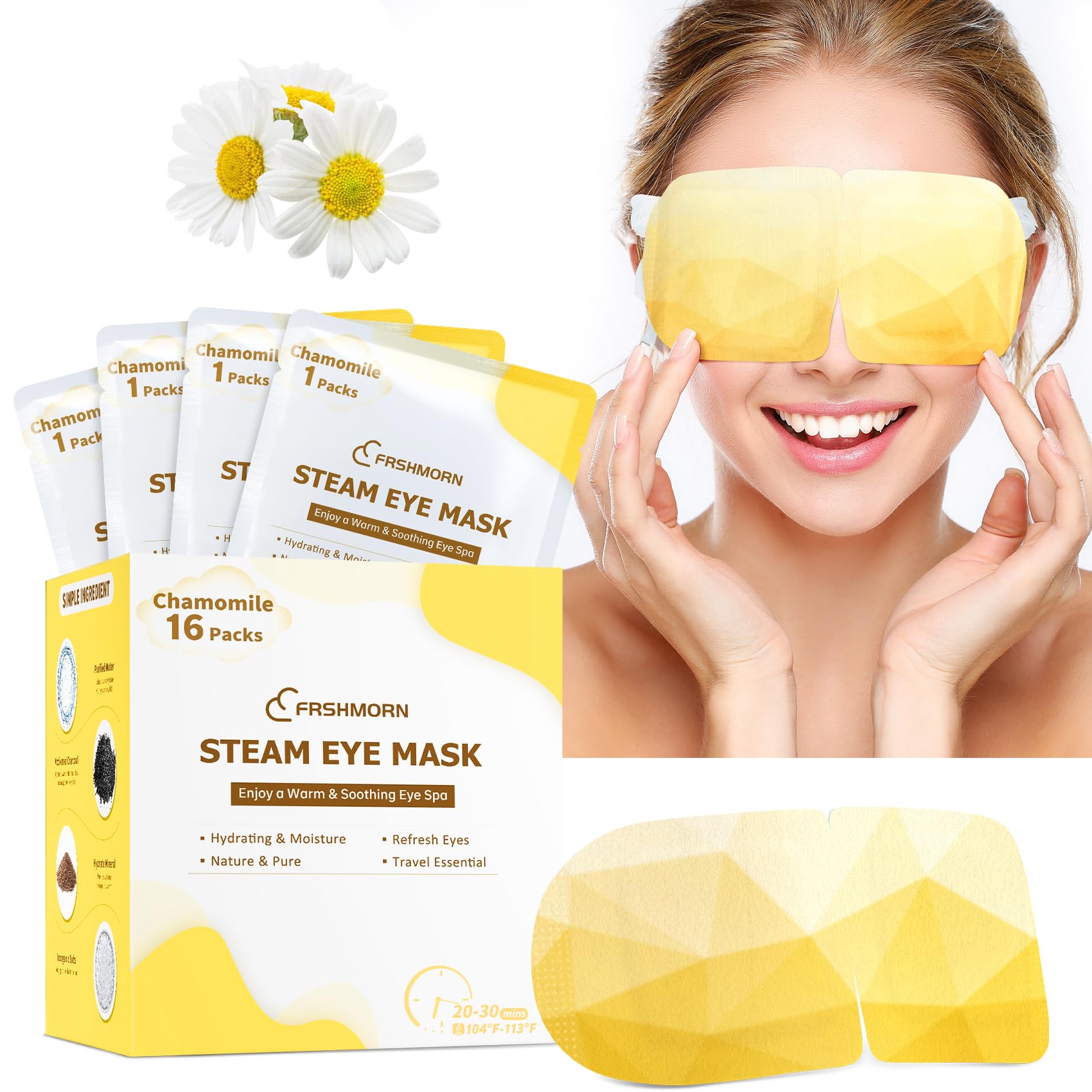 FRSHMORN front box packaging showing 16 steam eye masks and benefits