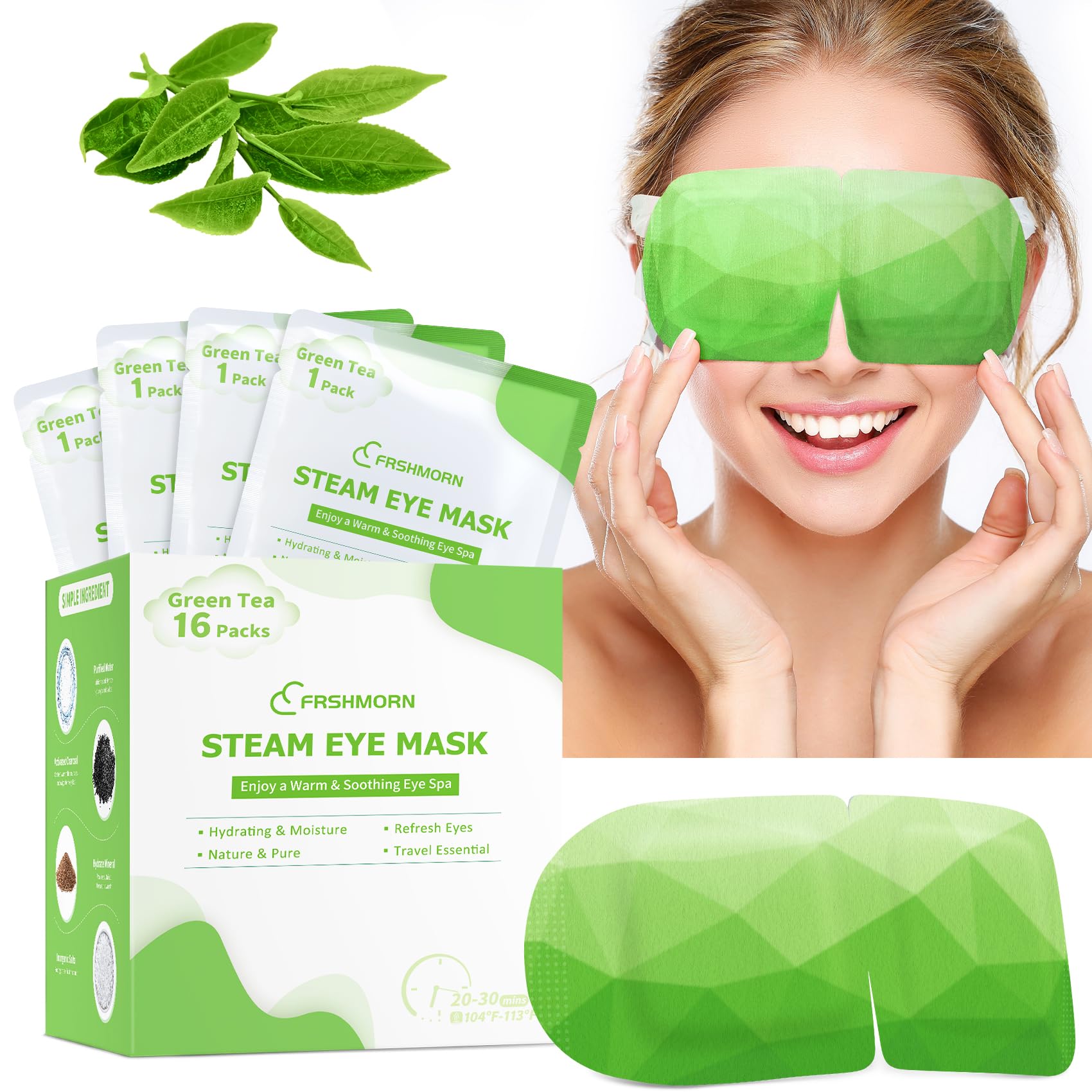FRSHMORN front packaging showing green tea masks and benefits