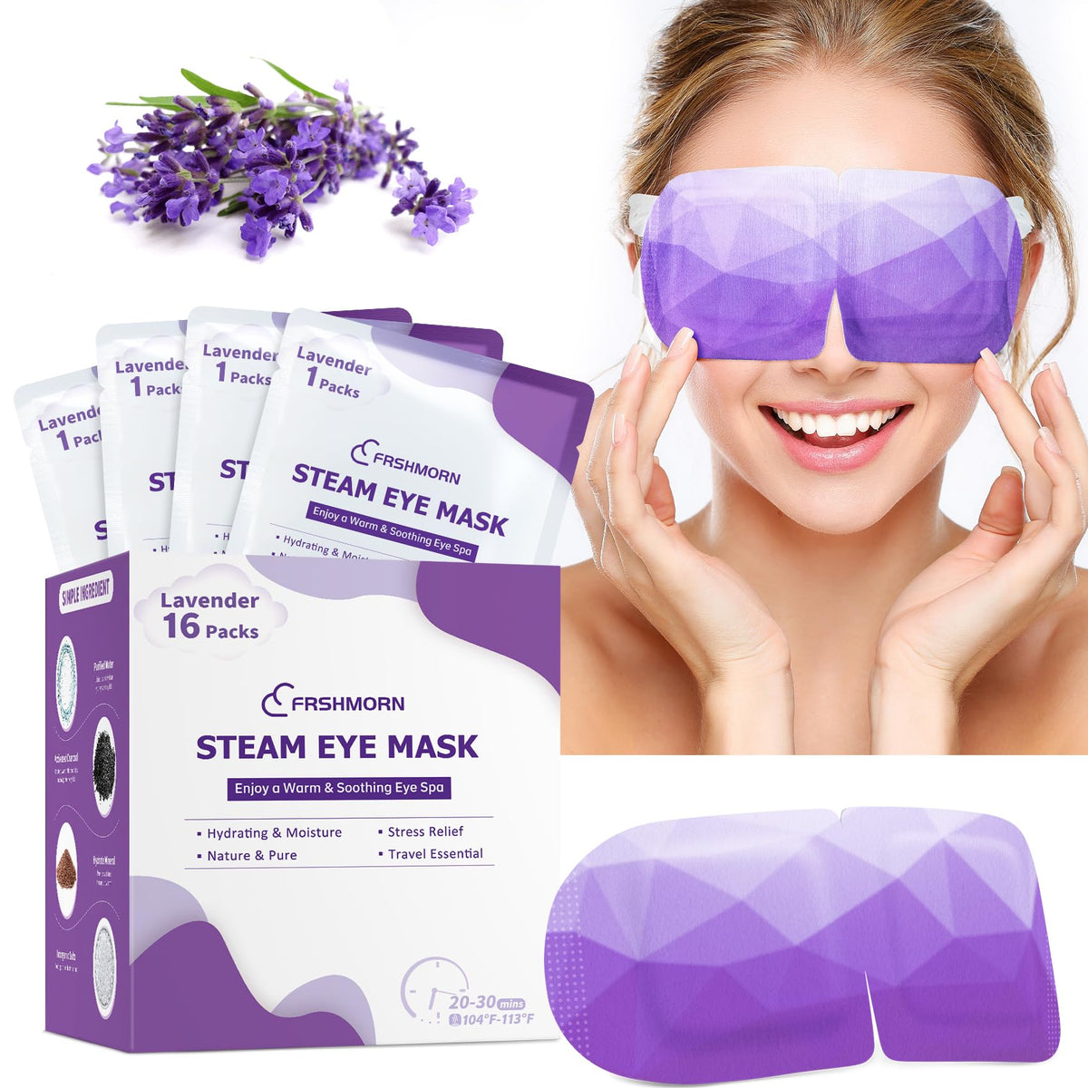 FRSHMORN front packaging showing 16 lavender-scented masks and benefits