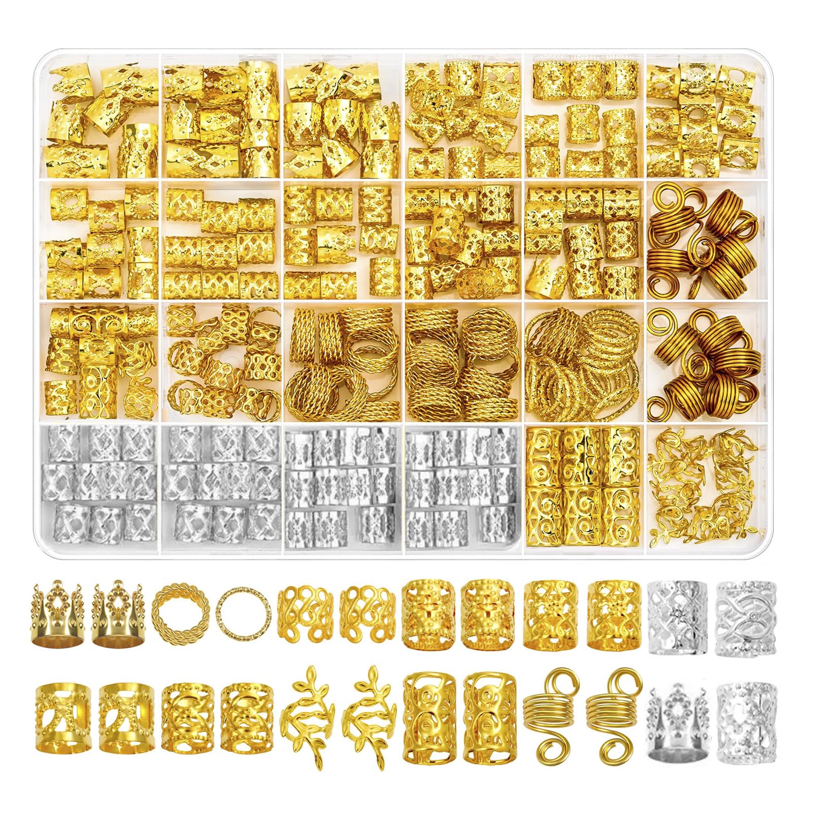 Frukwoc clear box of 260 hair jewelry pieces showing organization and variety