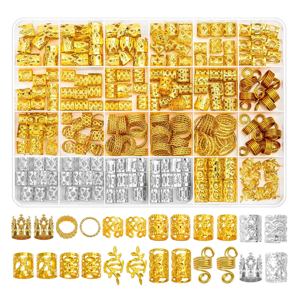 Frukwoc clear box of 260 hair jewelry pieces showing organization and variety