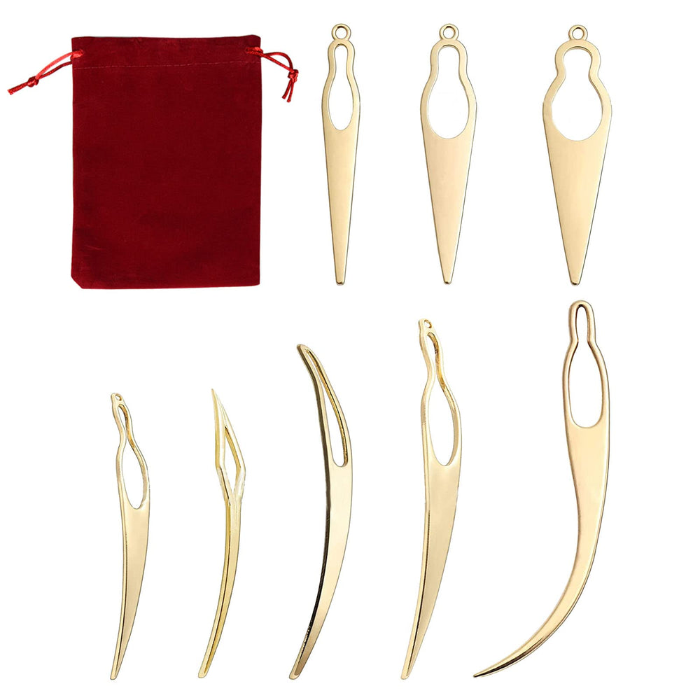 Frutain front view showing all eight gold interlocking tools and velvet bag for easy storage