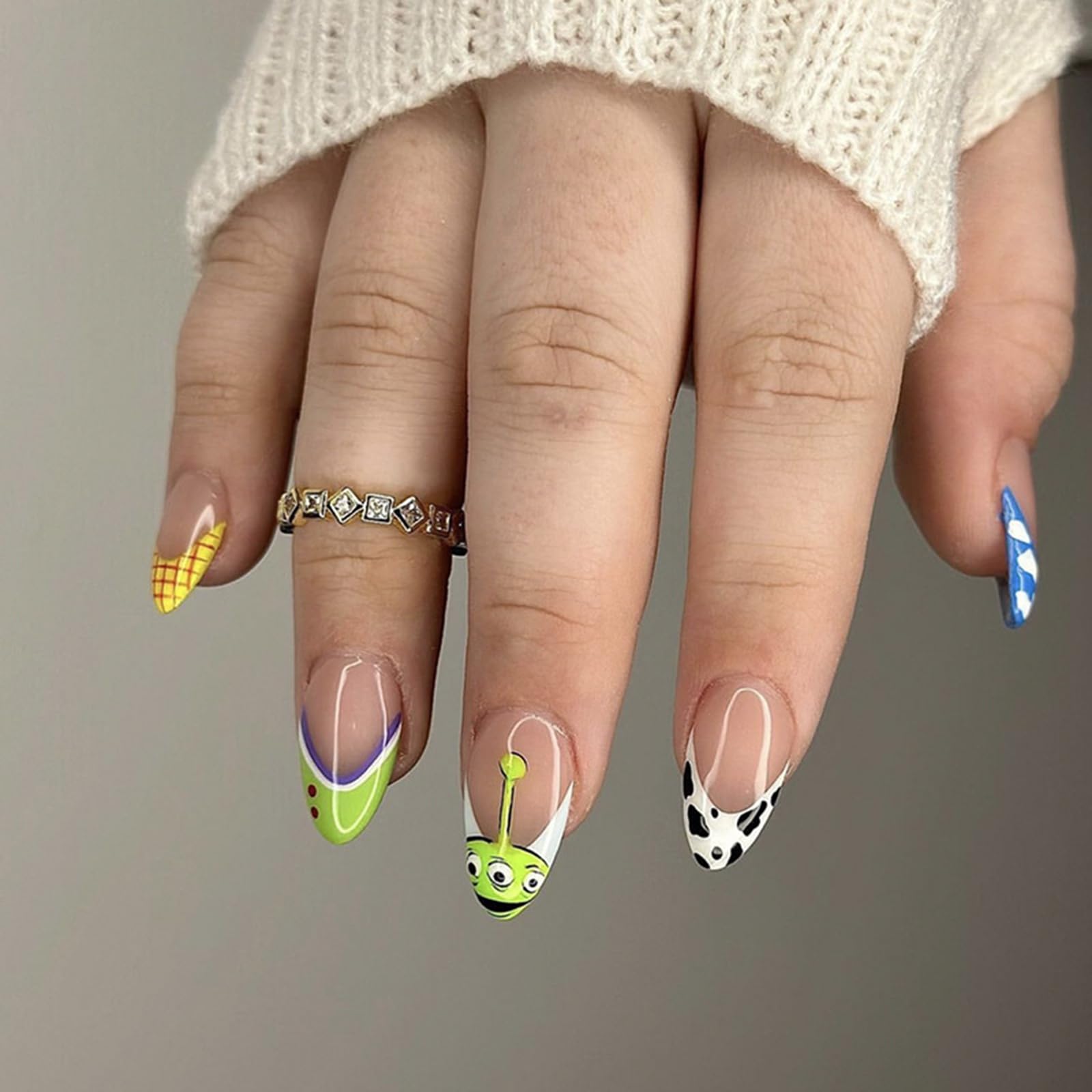 FRUZJAY front packaging showing full 24-piece almond nail set and accessories benefits