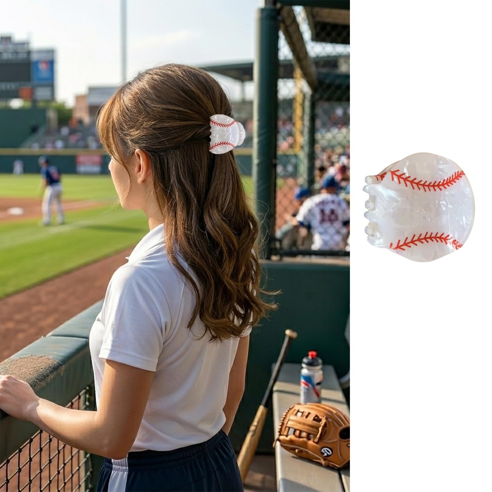 FRUZJAY front view of baseball hair clip showing sporty look and quick styling benefit
