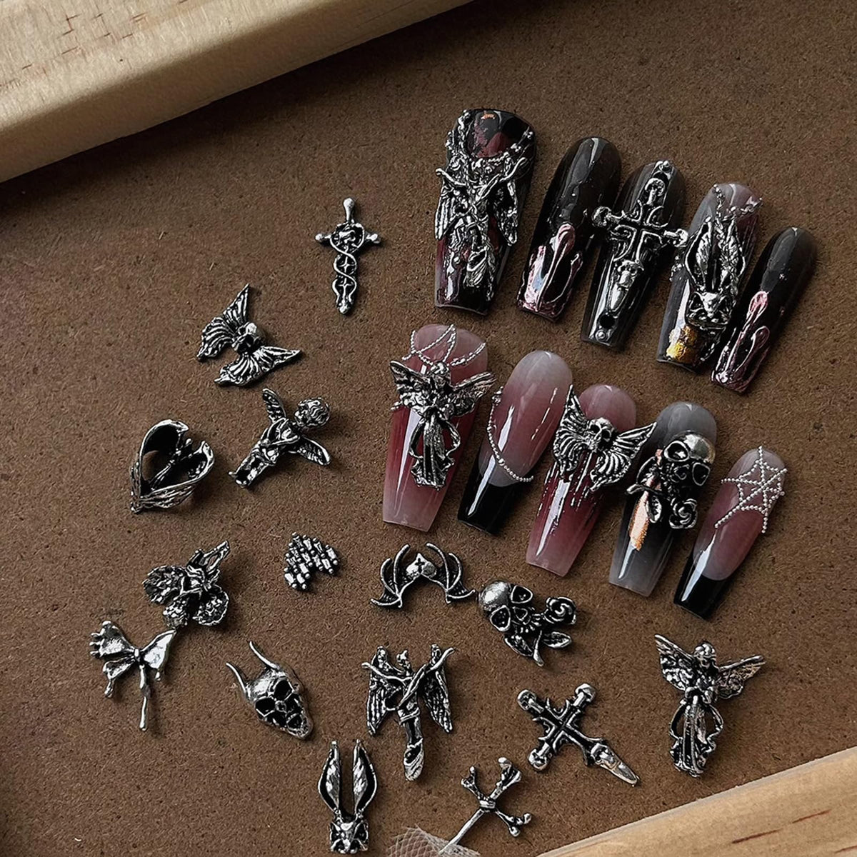 FRUZJAY front packaging showing 32-piece Halloween nail charms set and clear benefits