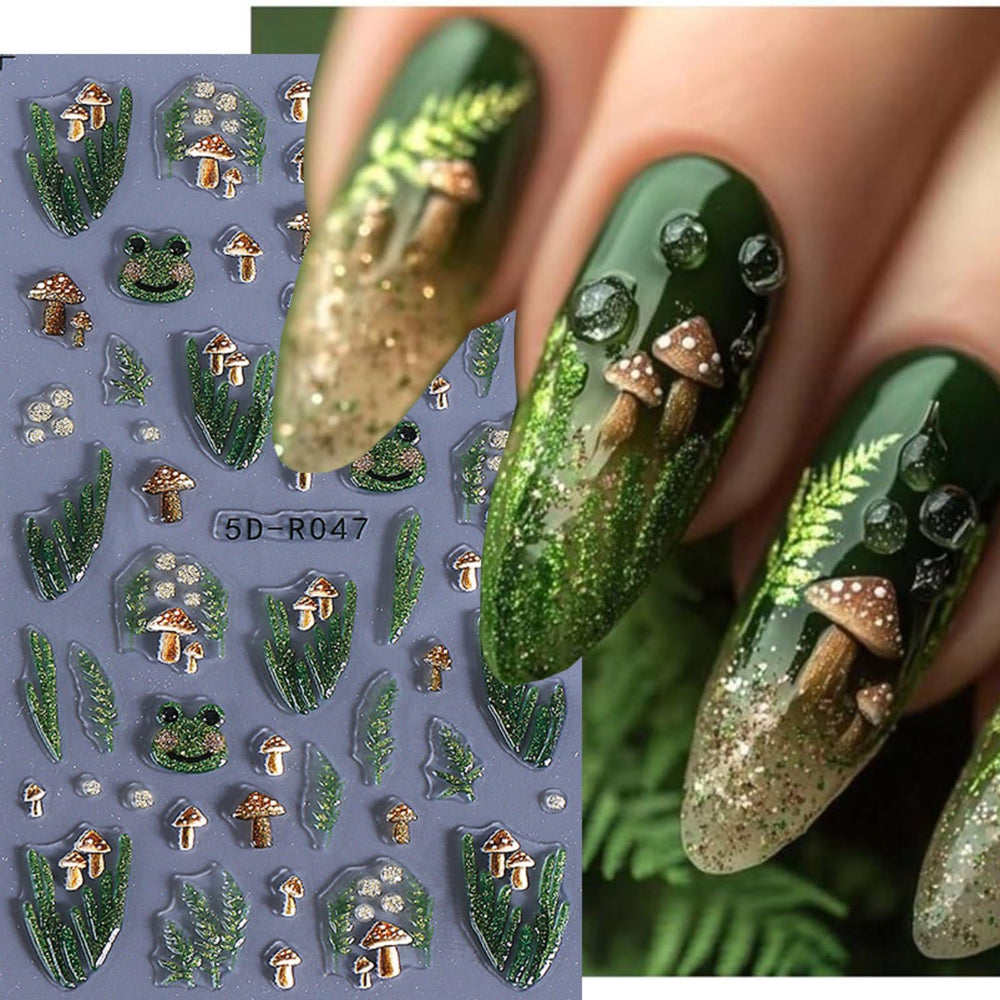 FRUZJAY two full sheets laid flat showing all mushroom, frog, star, leaf and flower patterns