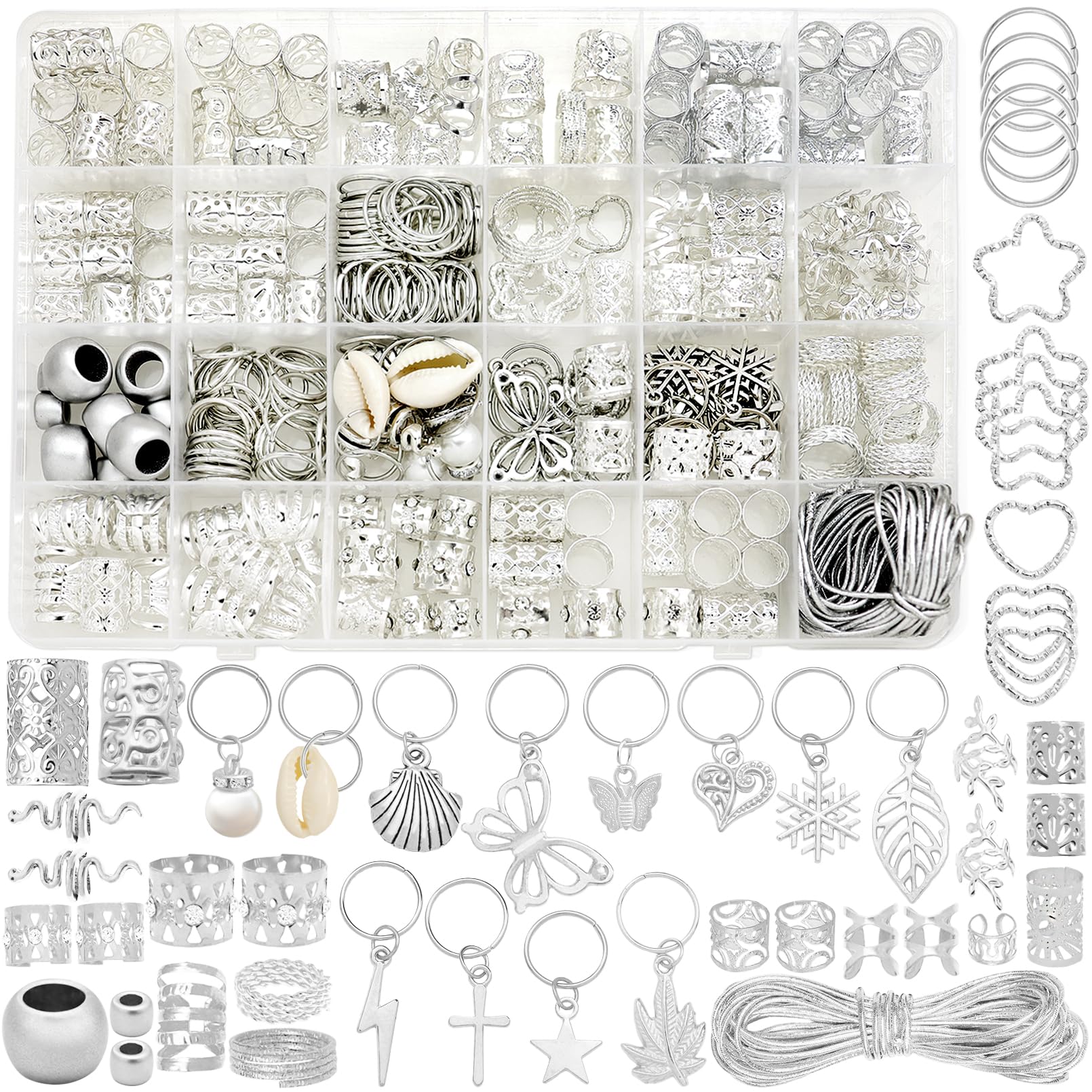 Fscwlmon front packaging showing full 309-piece hair jewelry set and contents for styling