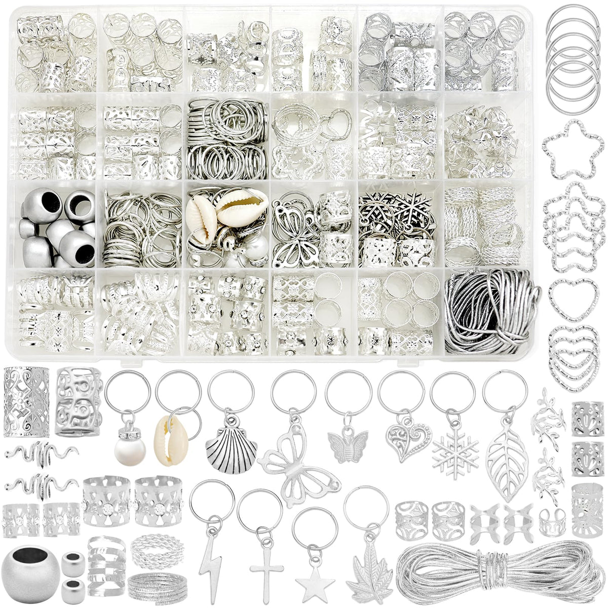 Fscwlmon front packaging showing full 309-piece hair jewelry set and contents for styling