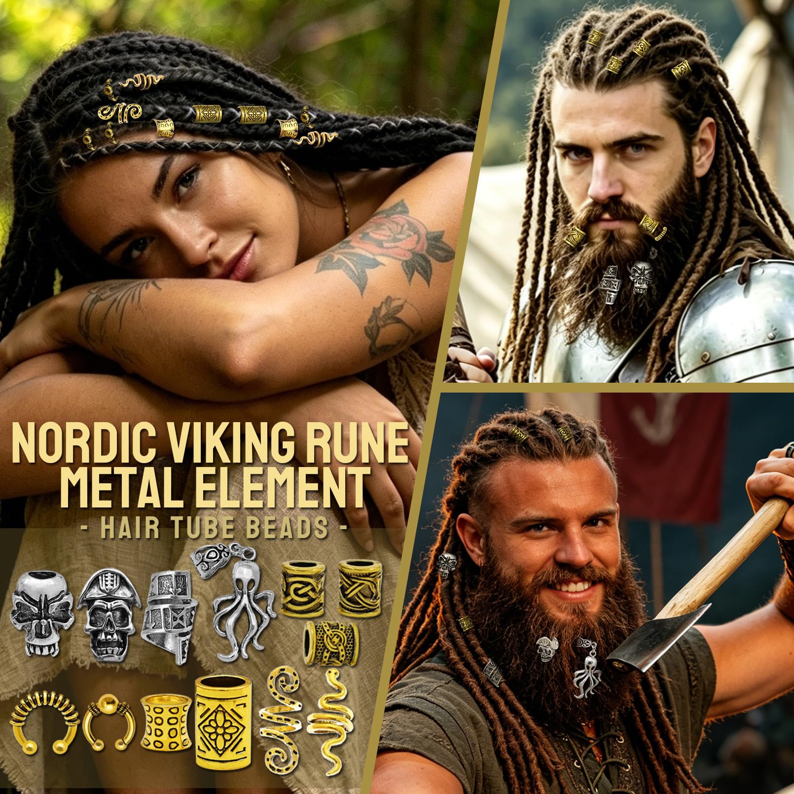 Fscwlmon close-up of gold and silver rune tube beads highlighting engraved details and durability