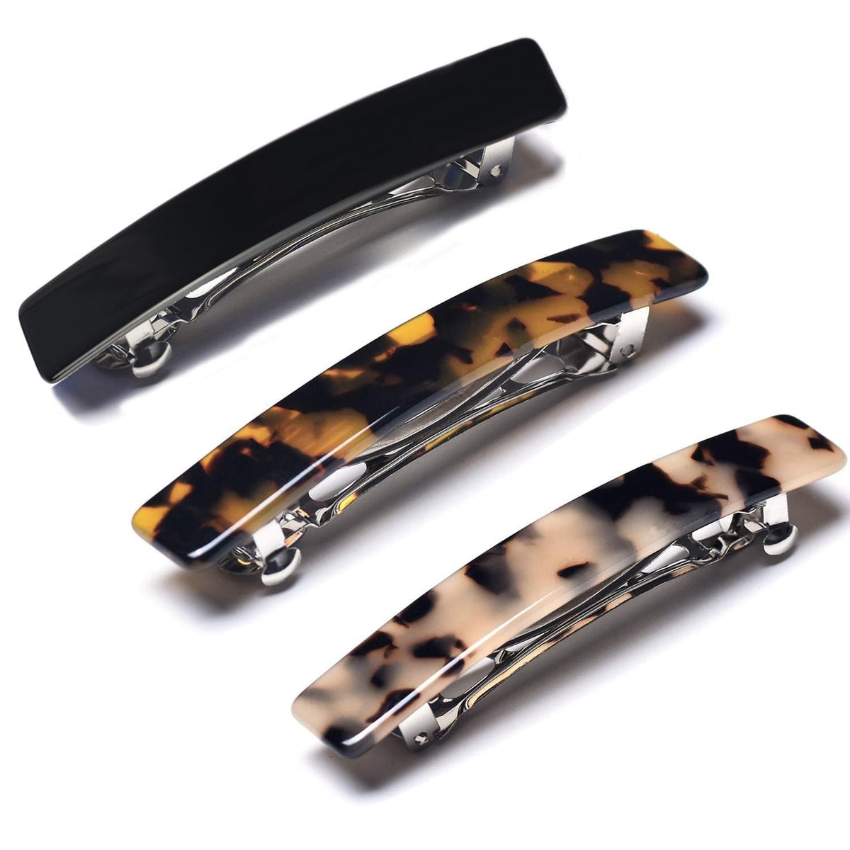 Fsmiling front view of three barrettes showing colors and finish, adds polished style