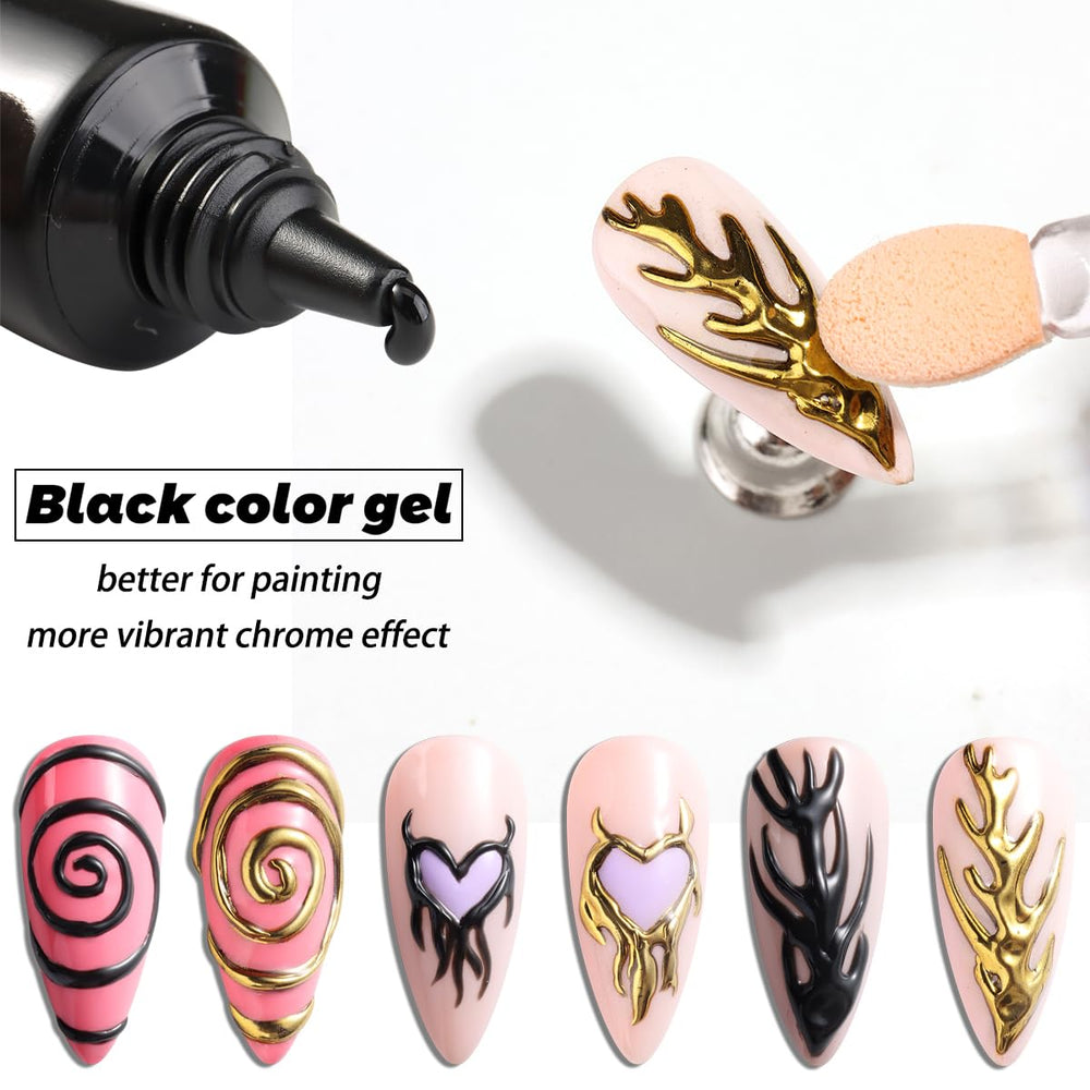 FSpronail cured black gel with chrome powder applied showing high mirror-like metallic finish