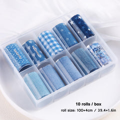 FSpronail spread of ten foil rolls displaying diverse blue-jeans patterns