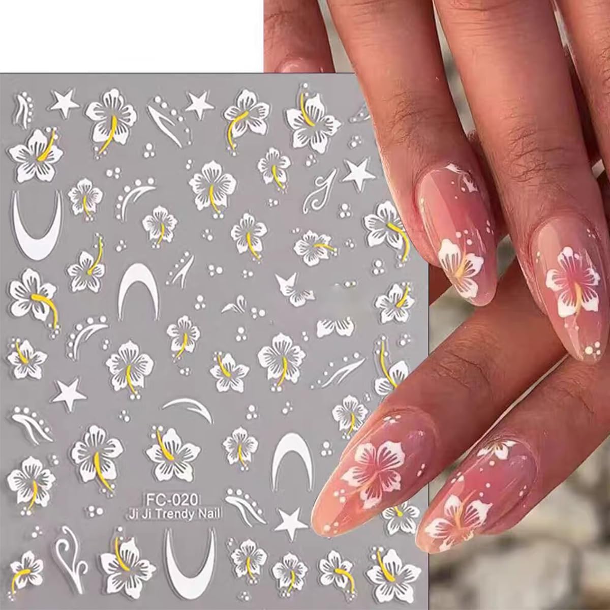 FSpronail application in use with tweezers placing a hibiscus decal for easy DIY results