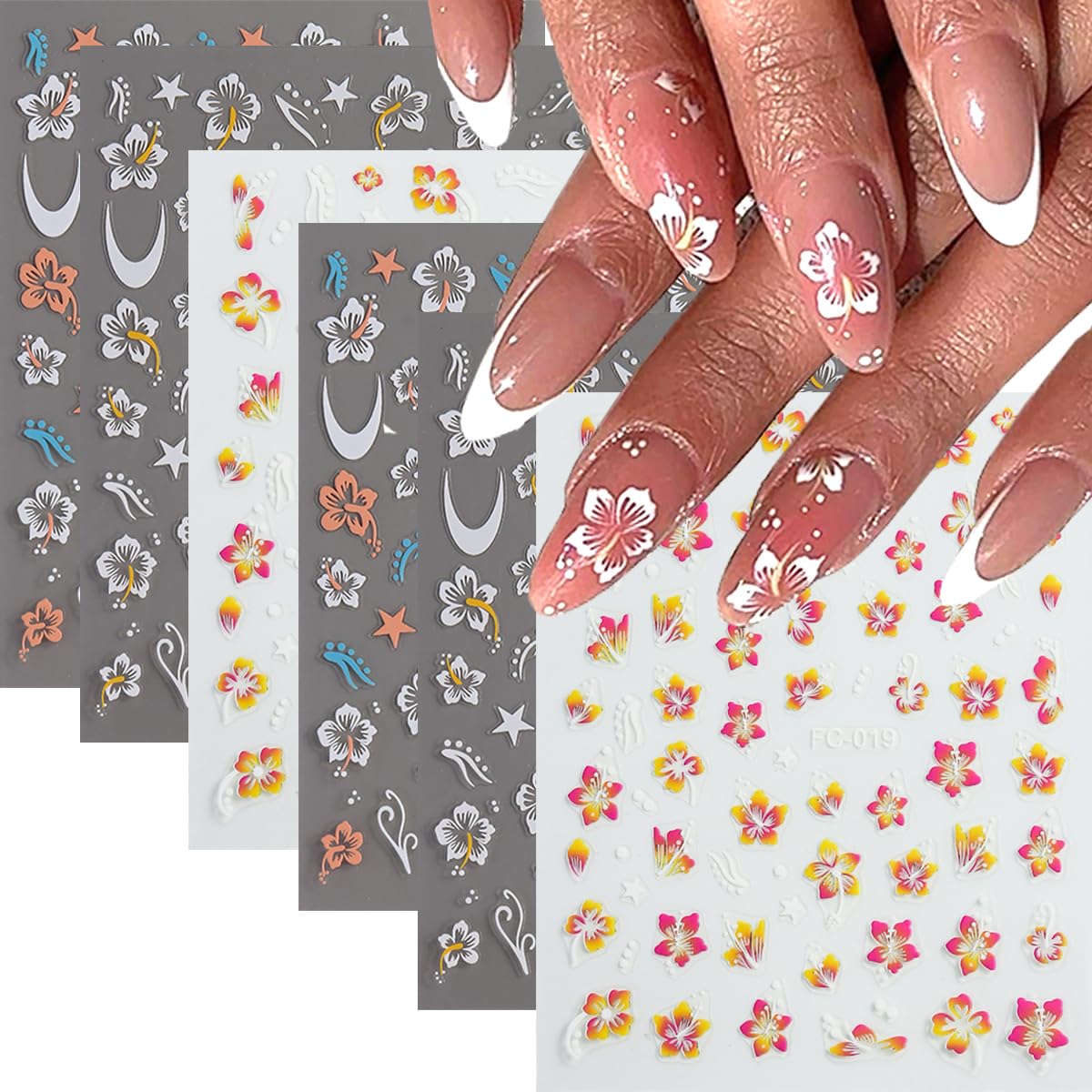 FSpronail front packaging showing six sheets and colorful hibiscus designs for quick styling