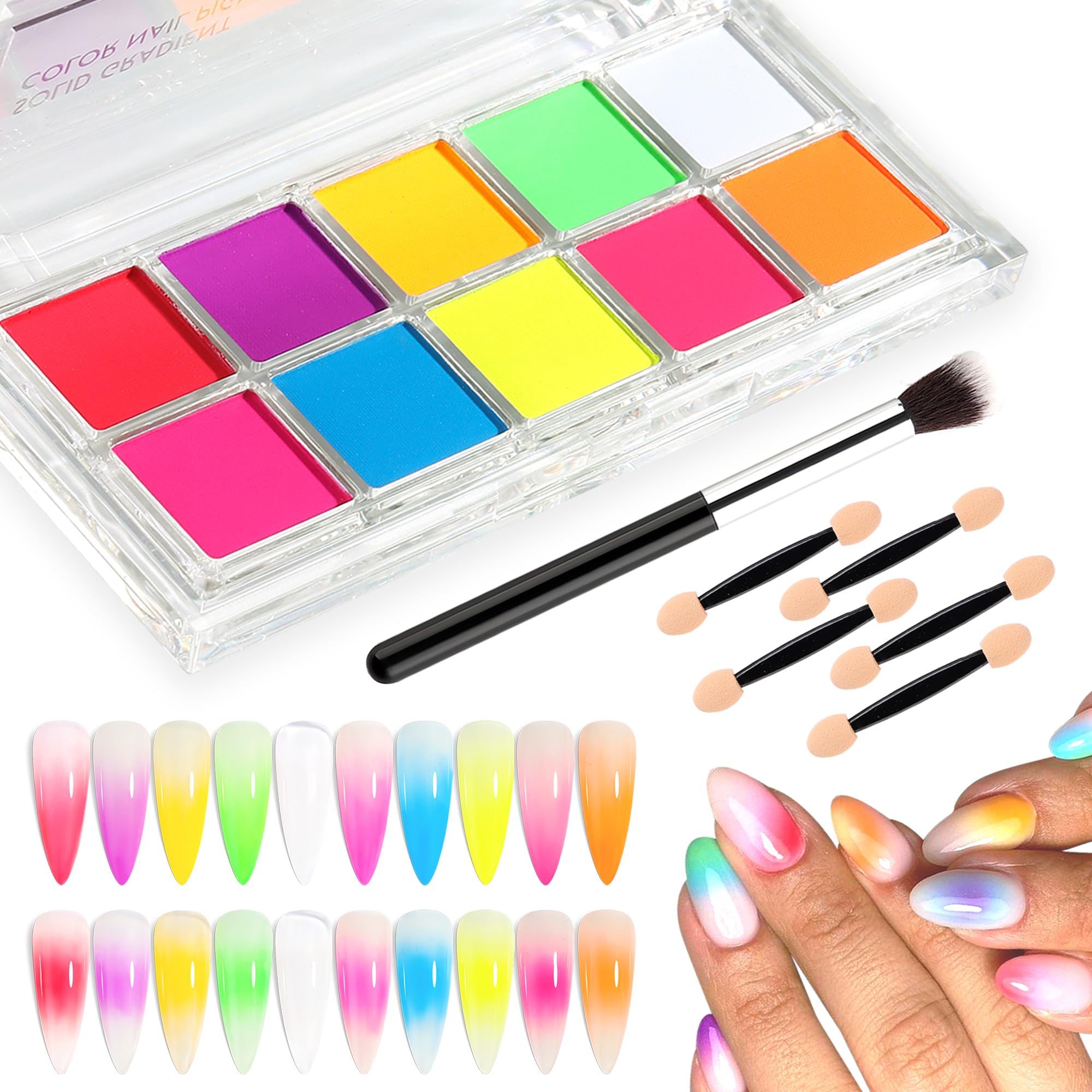 FSpronail top view of ten neon pigment pans showing bright, coordinated colors for easy selection