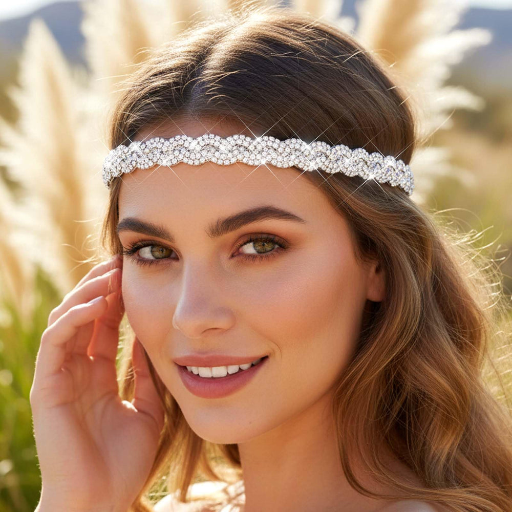Fstrend front view silver headband shows crystal braid beauty and wearable sparkle