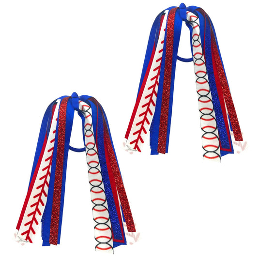 Ftuuo front view showing red and navy baseball streamer hair ties with team spirit