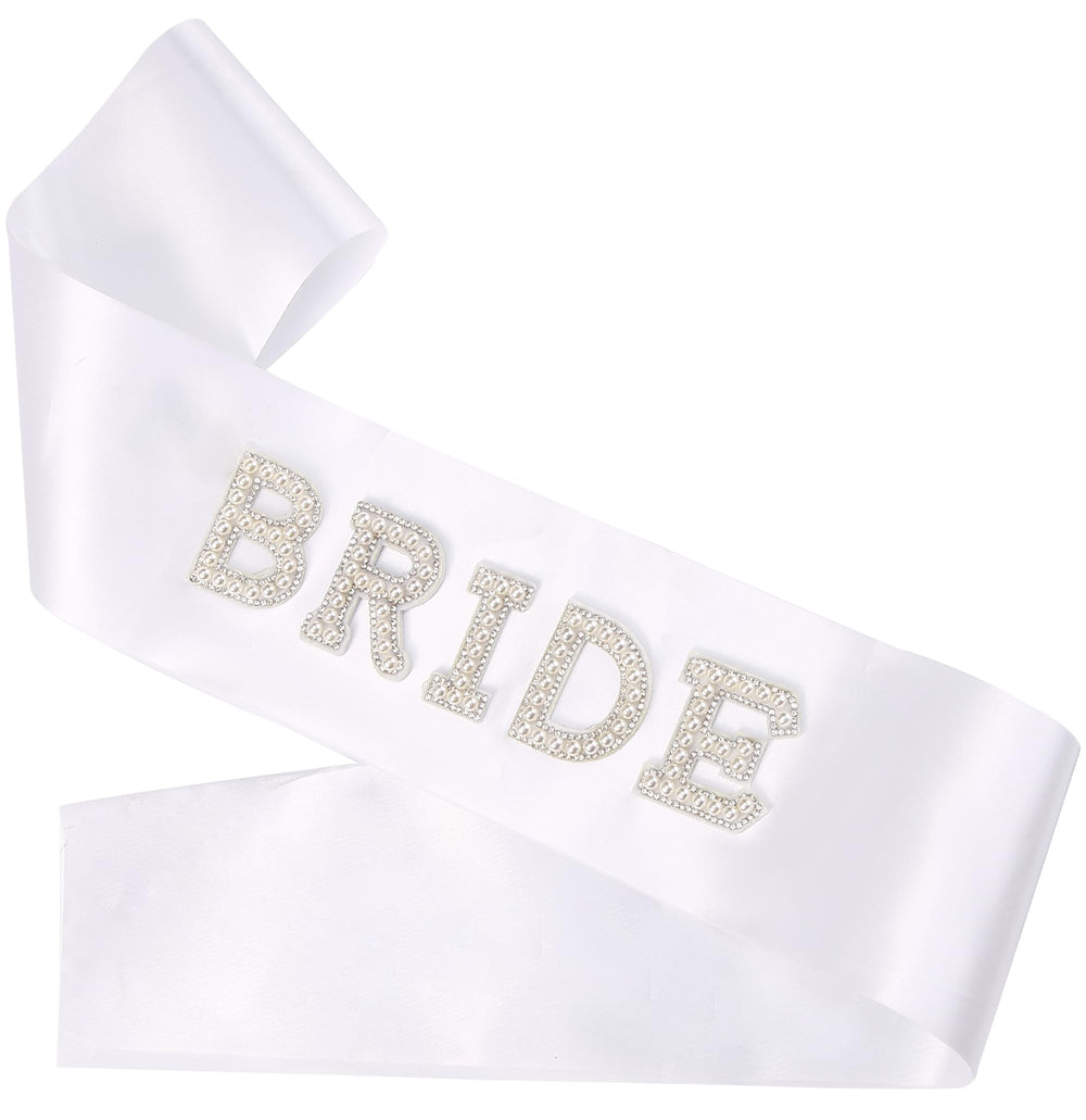 Fucibt bride sash front view showing elegant pearls and clear identification