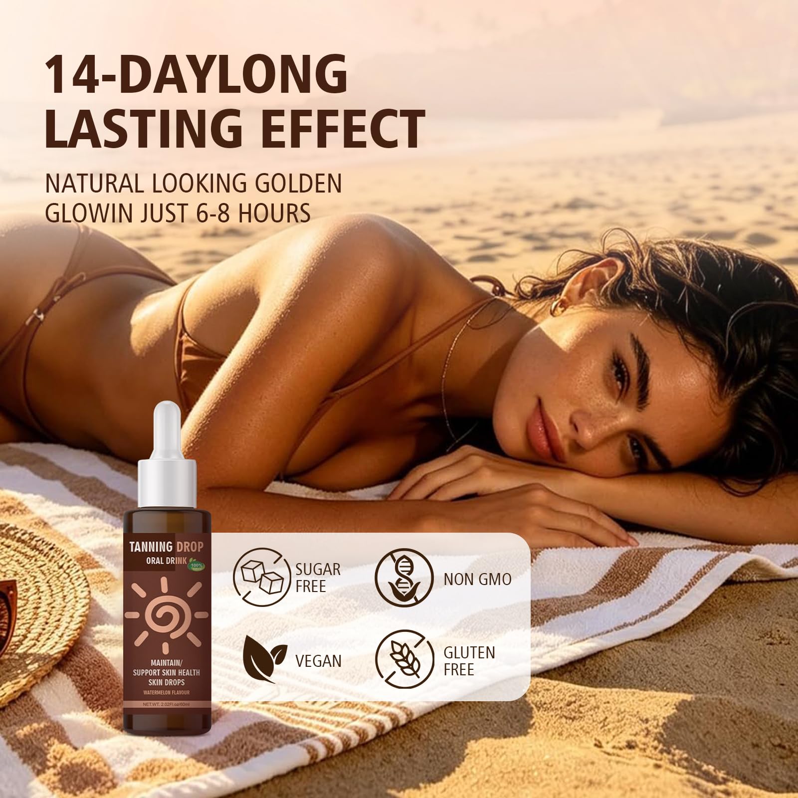 fugit bottle inside a beach bag, supports a healthy-looking tan without sun