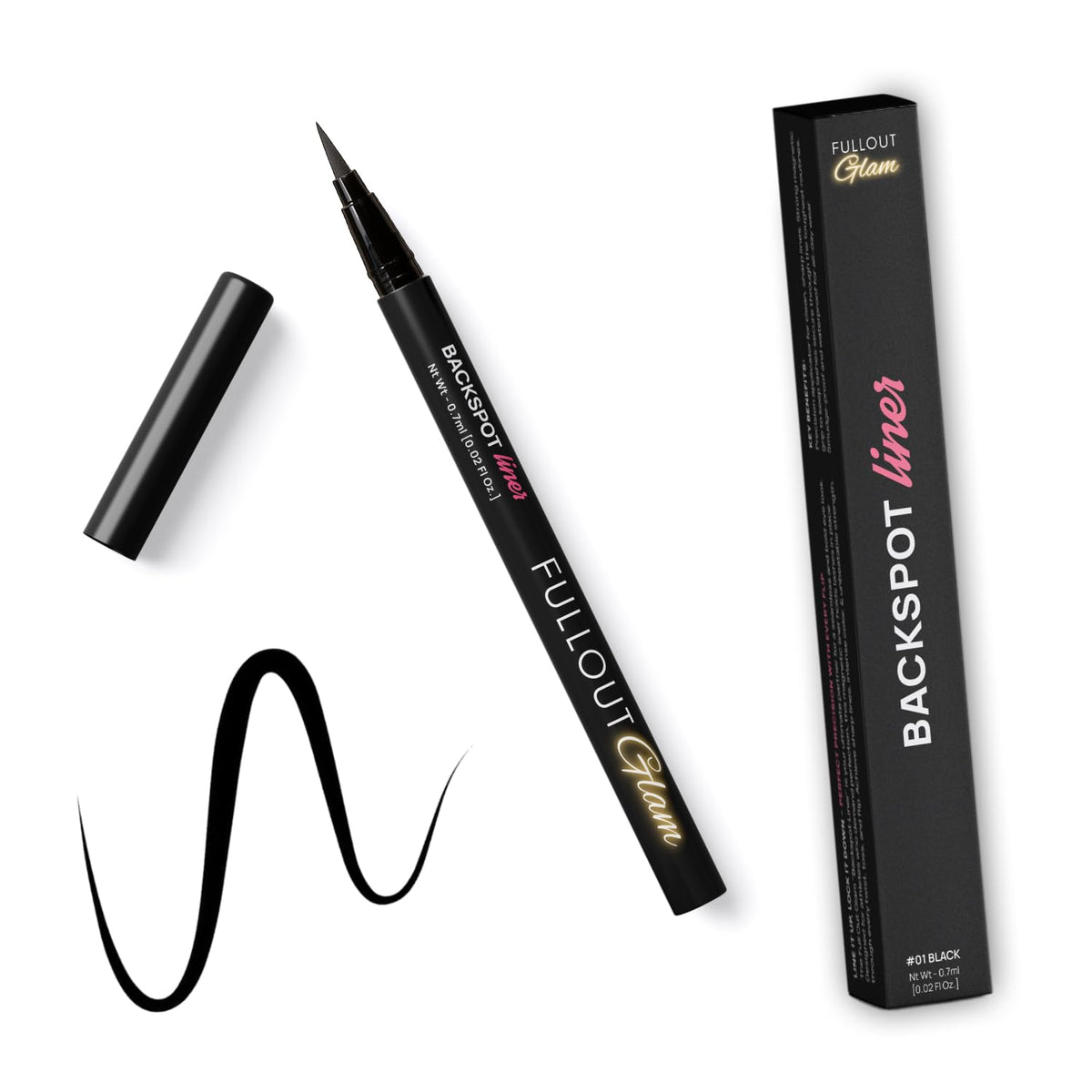 Full Out Glam liner front view showing sleek pen design and portability