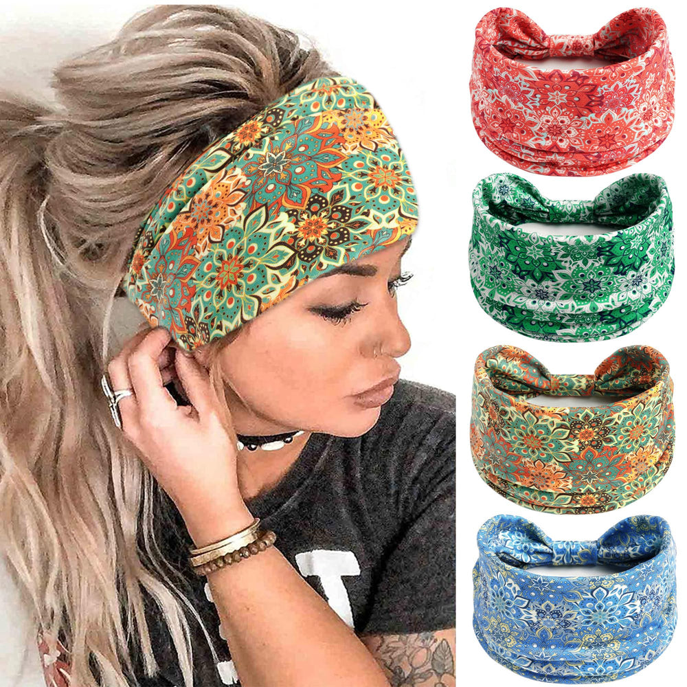 FULZTEY front view pack showing four colorful floral headbands and benefit of variety
