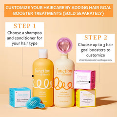 Function of Beauty conditioner on shower shelf with towels suggesting spa-like routine benefit