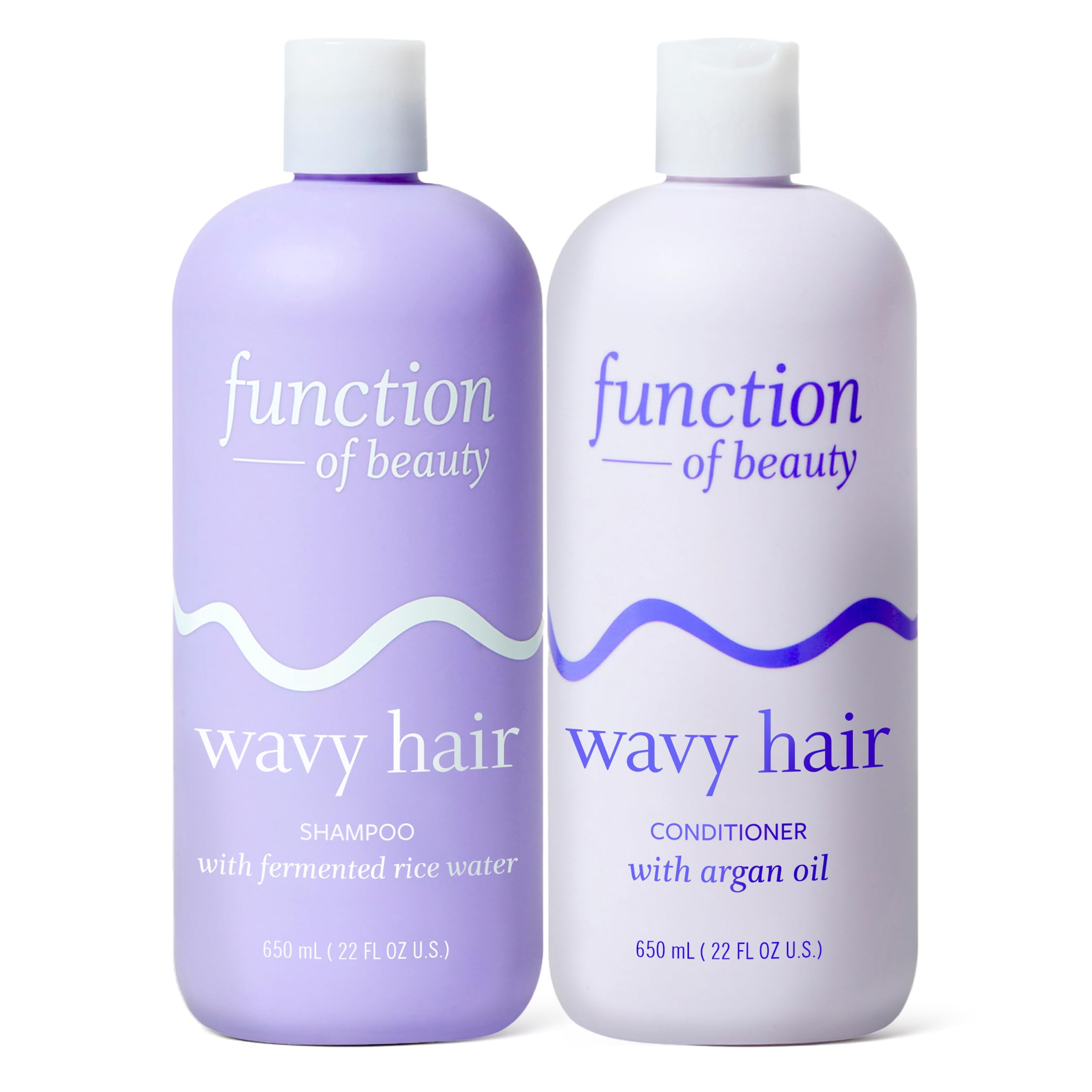 Function of Beauty front packaging showing XL wavy shampoo and conditioner for longer use and value