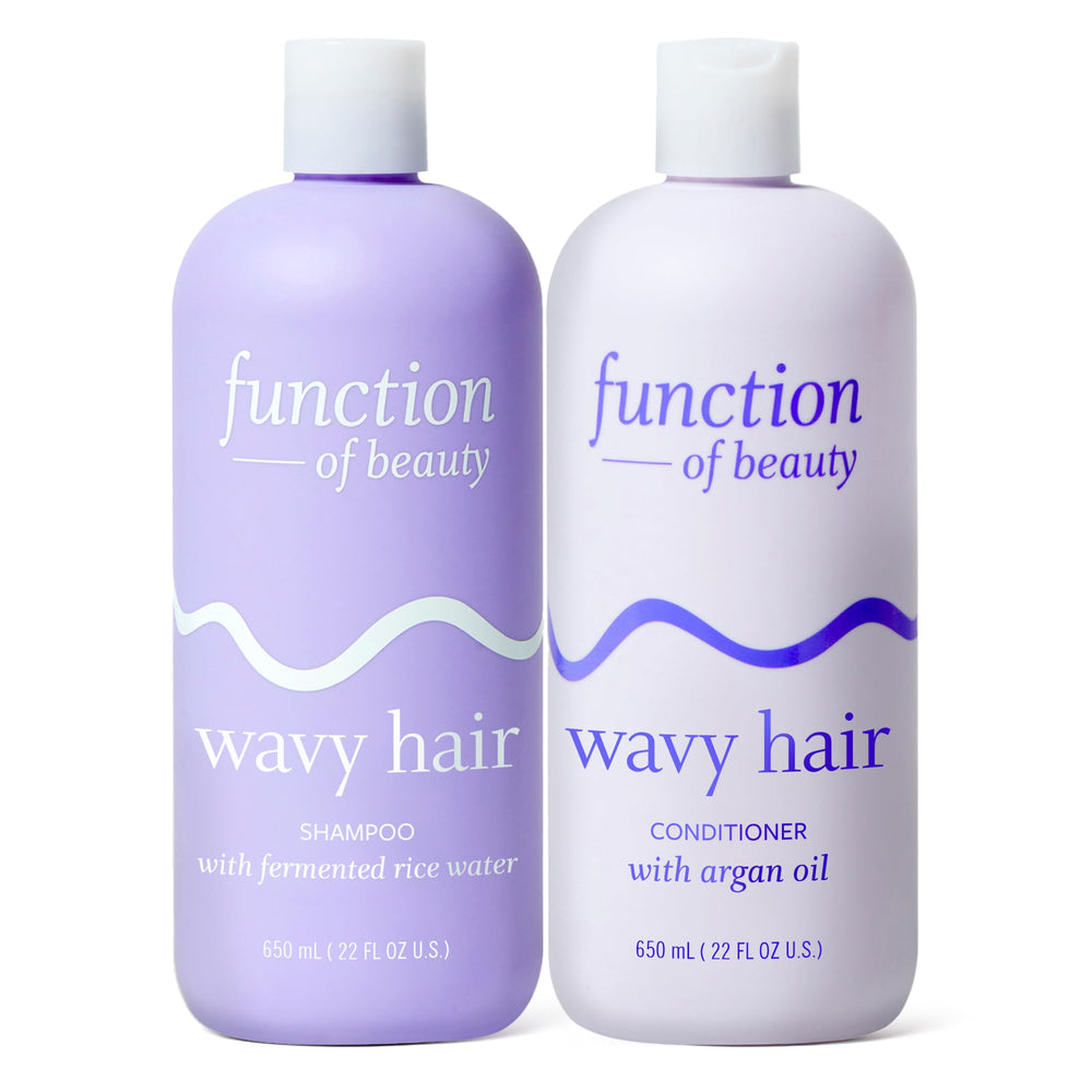 Function of Beauty front packaging showing XL wavy shampoo and conditioner for longer use and value