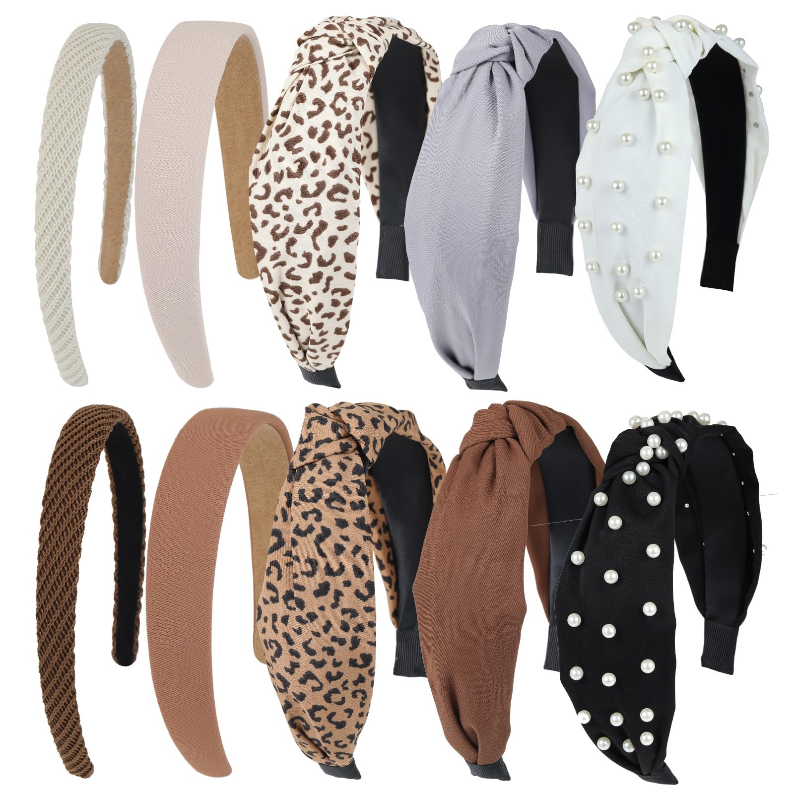 Funtopia front view of ten knotted headbands showcasing coffee-tone colors and variety