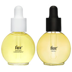 Fur duo front packaging showing both 0.5 fl oz bottles and clear labels for travel-friendly use