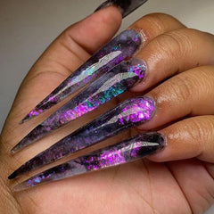 Furimuk flakes applied on nail for broken-glass shimmer and salon finish benefit