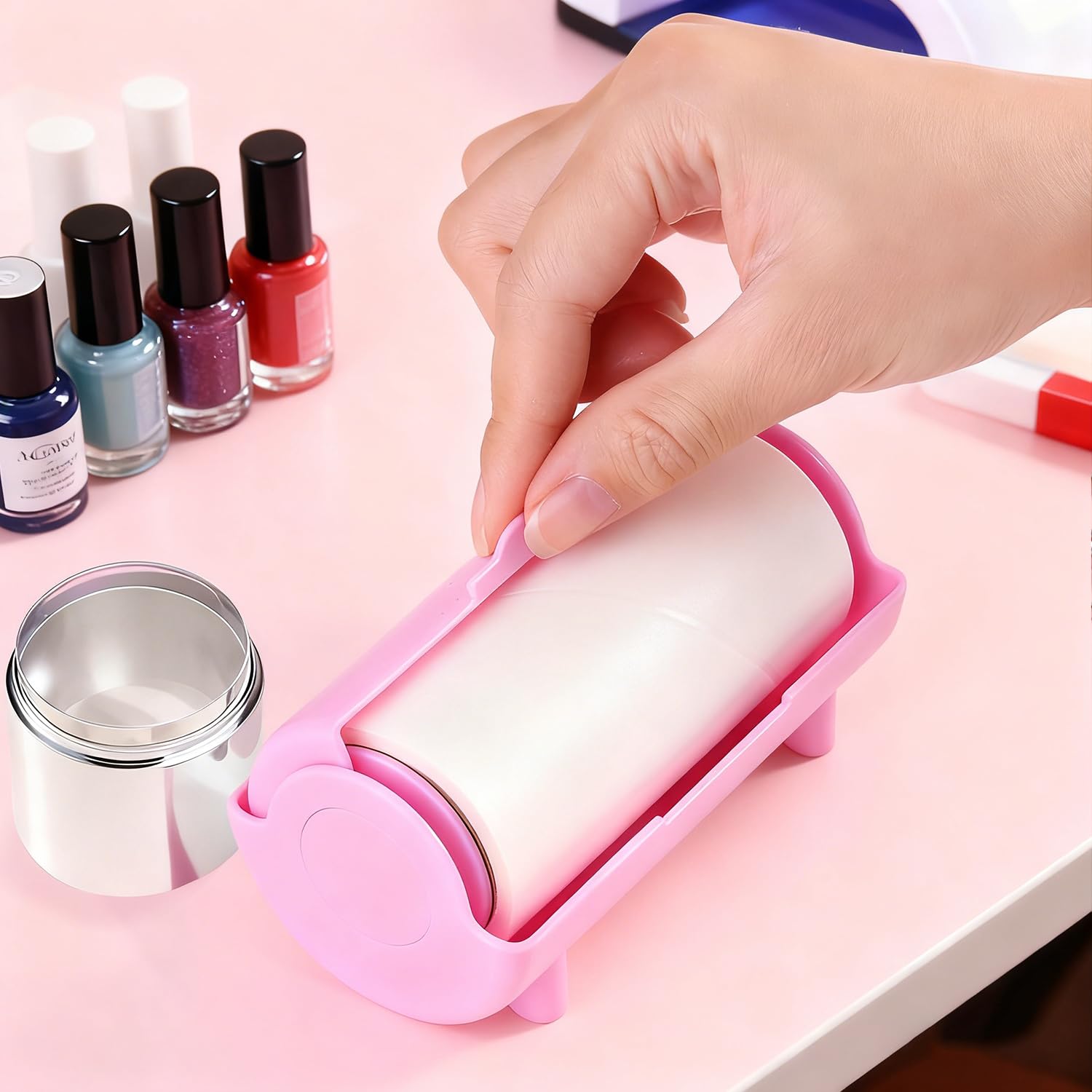 furtherpretty salon station with roll in use for faster stamping workflow