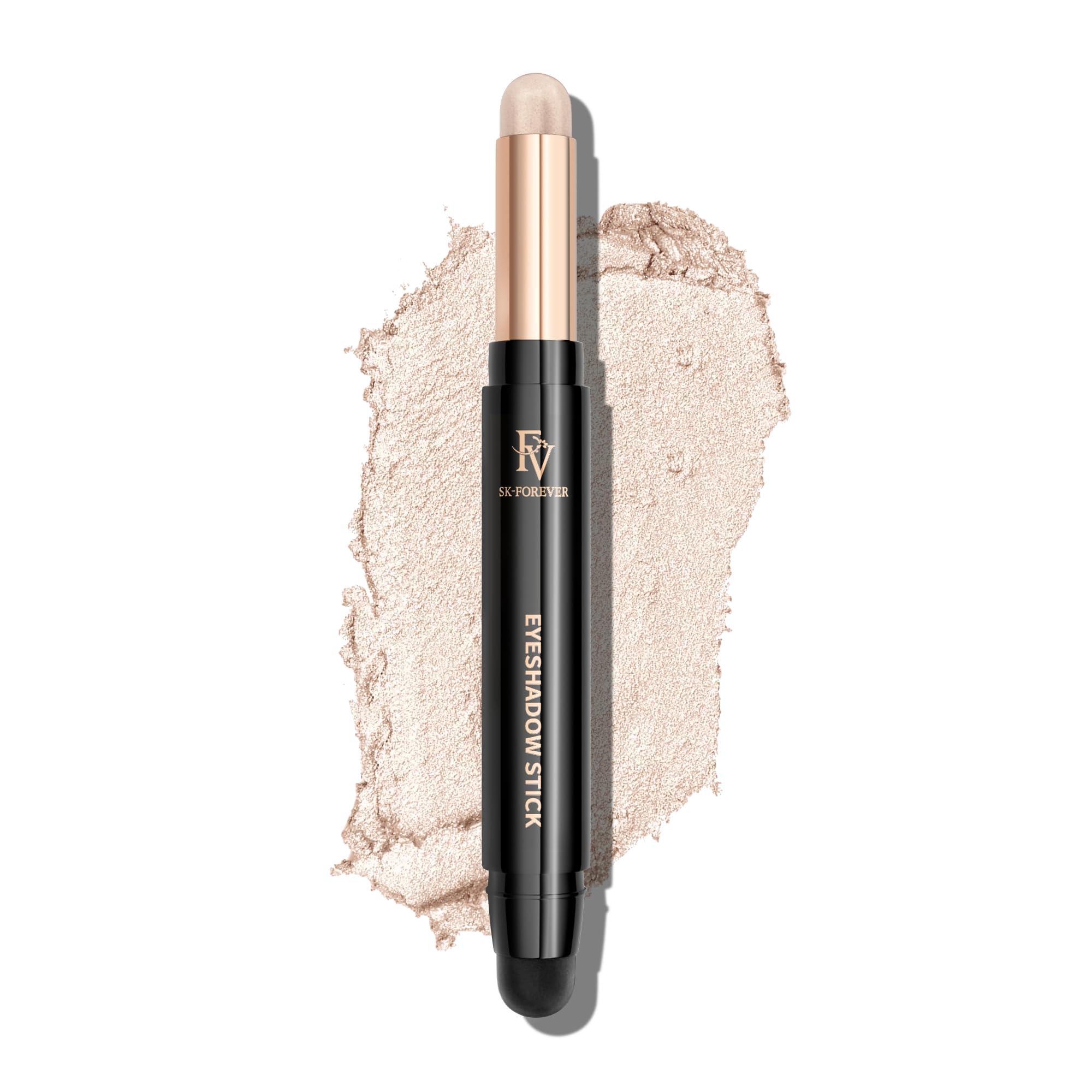FV front view of shimmer eyeshadow stick showing sleek packaging and easy application benefit