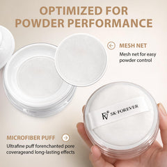FV powder used for baking under eyes, indicates long-wear and crease prevention