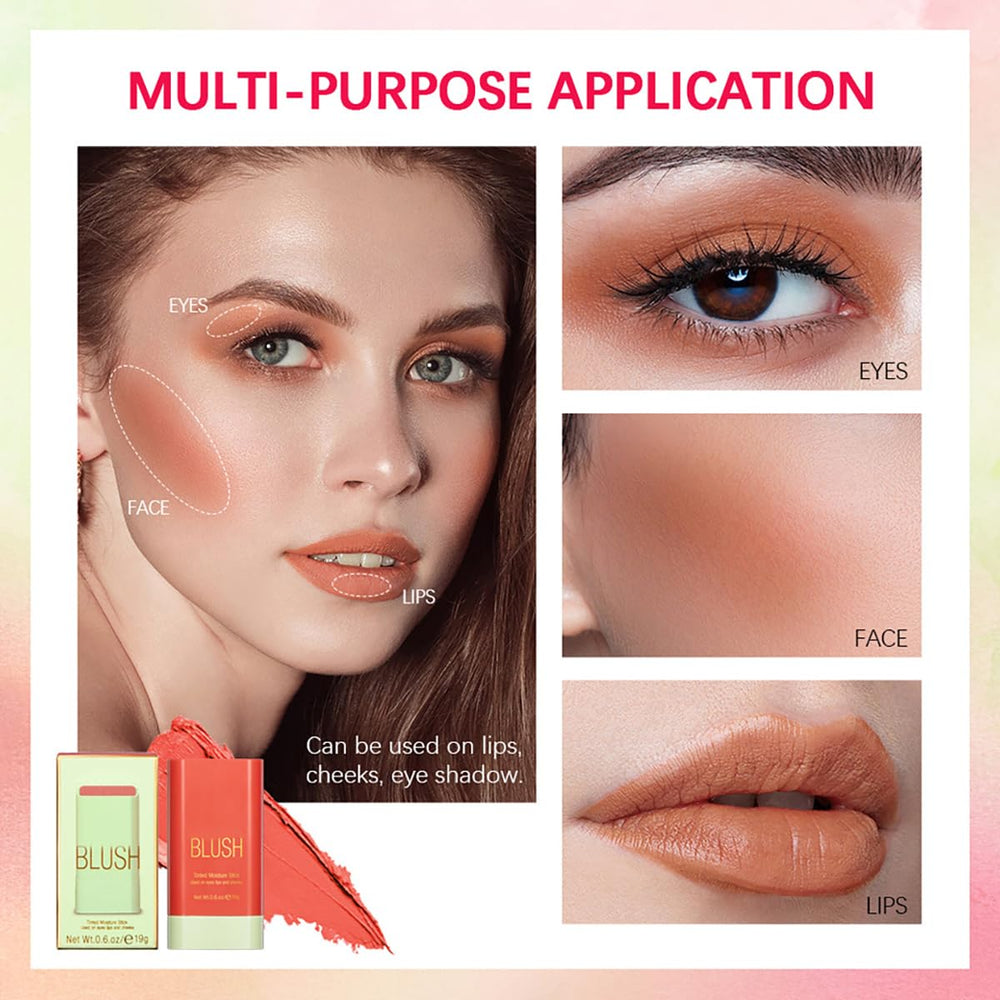 FYEBOO applying blush stick to cheek demonstrating quick touch-up convenience