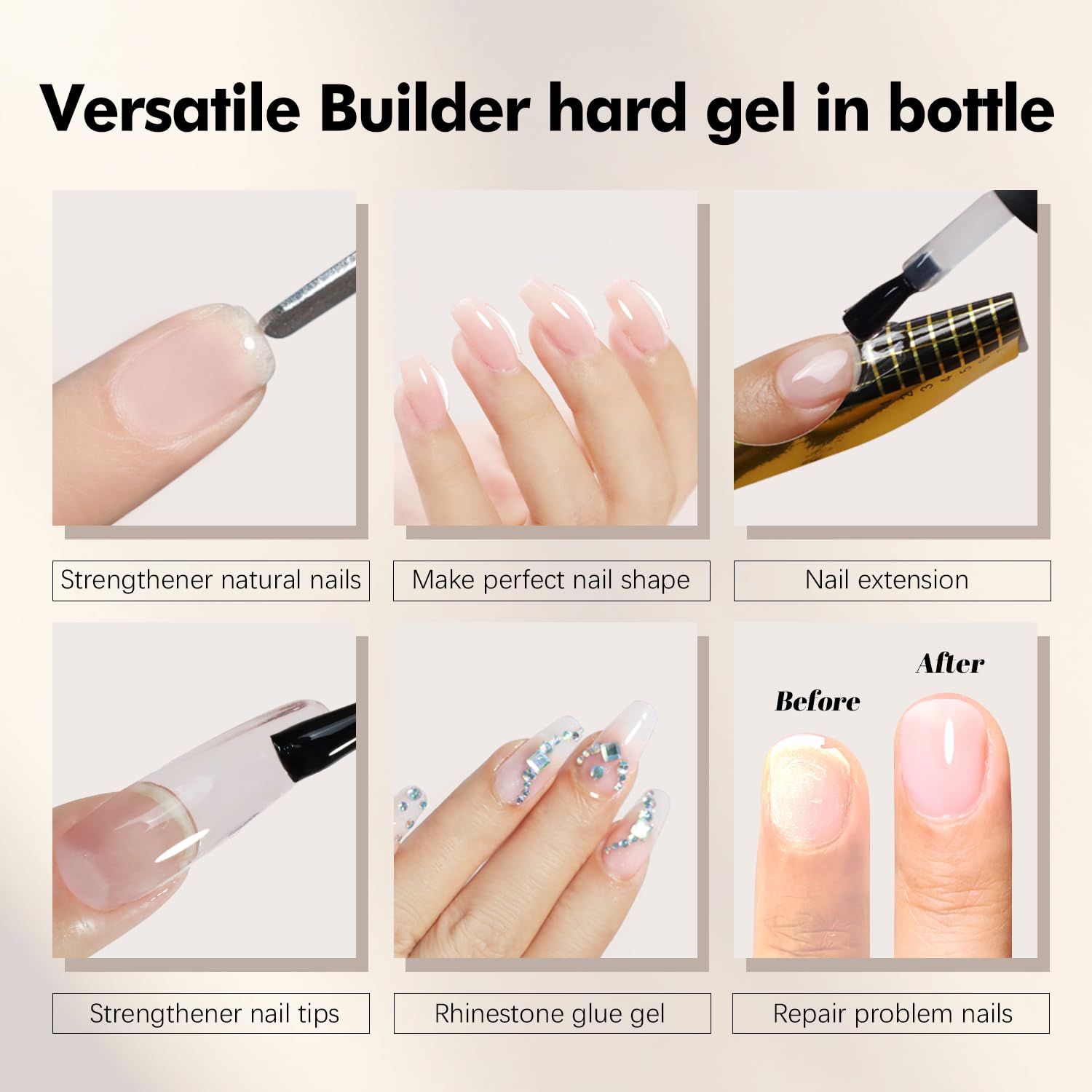 FZANEST before and after nail extensions showing stronger natural look