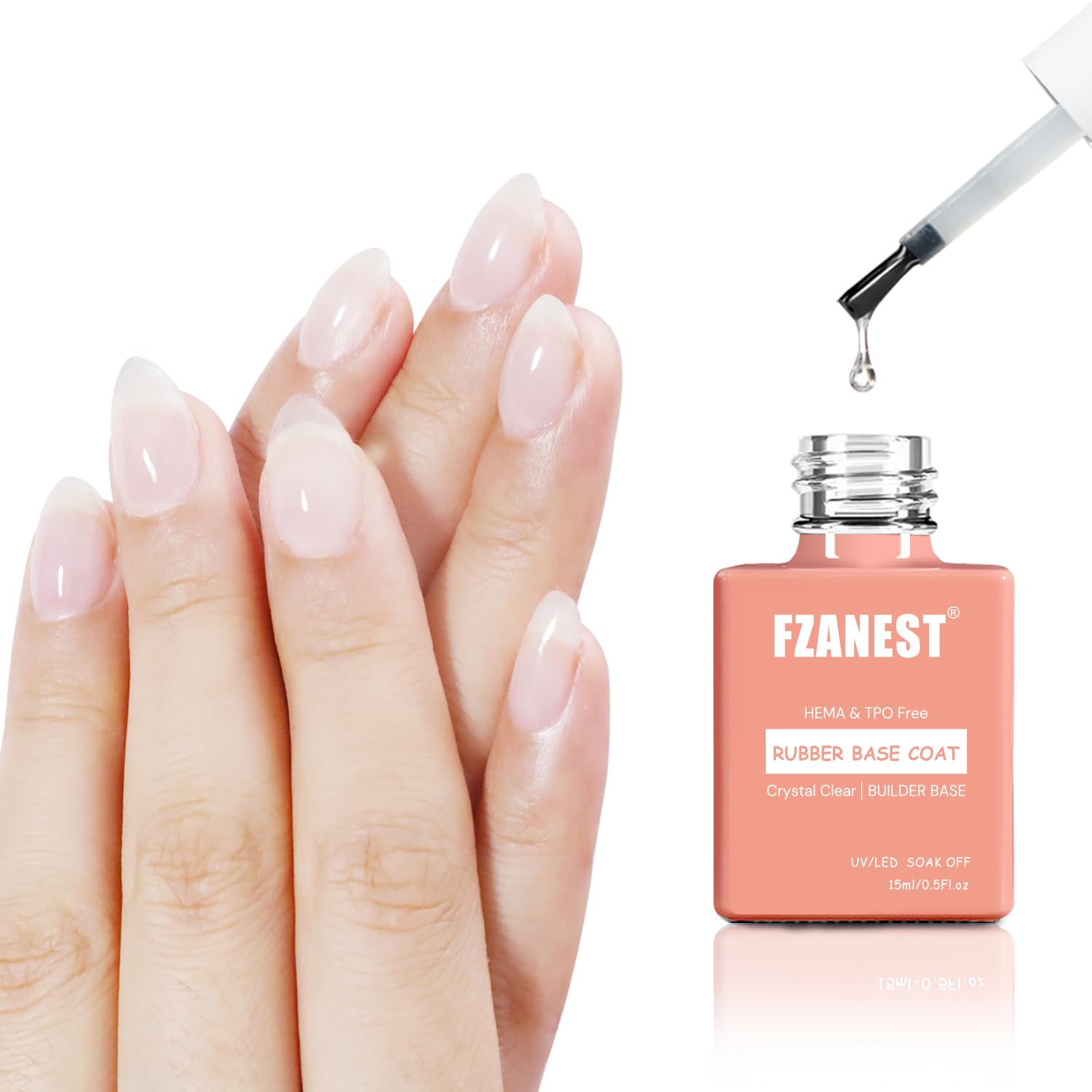 FZANEST bottle front showing clear rubber base gel and label benefit