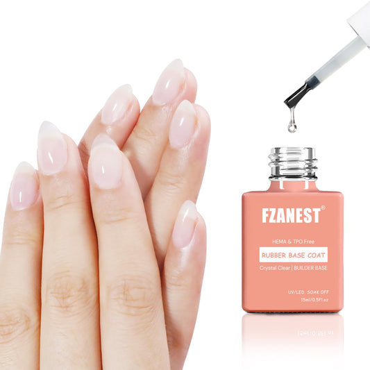 FZANEST bottle front showing clear rubber base gel and label benefit