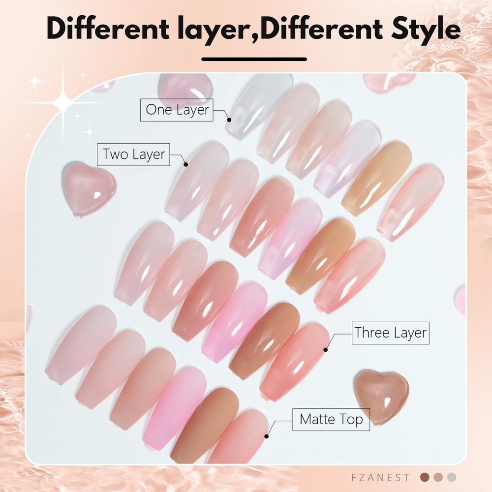 FZANEST color swatch strip of six milky pinks demonstrating buildable coverage